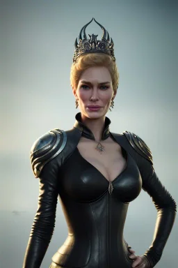 Cersei Lannister as evil queen in black leather, busty, cleavage, curvy, lena headay, angry, stern look. character design by cory loftis, fenghua zhong, ryohei hase, ismail inceoglu and ruan jia. unreal engine 5, artistic lighting, highly detailed, photorealistic, fantasy