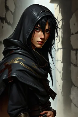 dnd young asian man with long straight hair, fantasy rogue, dark cloak, dark alley