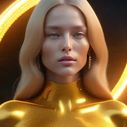 beautiful cosmic golden woman, long hair, nice smiling, magic glamour make up, delicate colors, beautiful glamour galactic golden dress, ultra sharp focus, 8k, unreal engine 5, extremely sharp detail, light effect, soft light atmosphere of a spaceship, smooth, full of details, face in front, complete vision of body