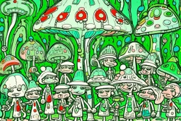 A mint colored mushroom themed carnival painted by Jean Dubuffet