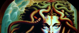 medusa, in a cave, several feet away, staring at you, like painting by rubens