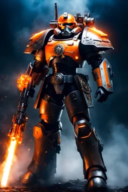 Warhammer 40k, Marine in Terminator Armour, full body image, ready to the battle field, visor-helmet, shimmering metal, fog in the background, mythical raytracing, arcane glow, energy sparks emanating from the armour, visor glowing in a luminous and vibrant orange