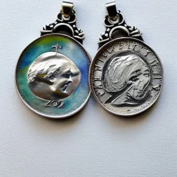 pendant in a form of two conjoined silver coins, watercolor, large strokes, artwork, fantasy