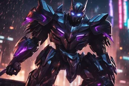 Shredder transformers in 8k solo leveling shadow artstyle,symbiote them, close picture, rain, neon lights, intricate details, highly detailed, high details, detailed portrait, masterpiece,ultra detailed, ultra quality