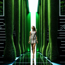 Highly detailed and intricate 3D fractal recursive art, featuring a single young woman/girl wearing fashionable modern clothing, walking directly towards the camera through a lush, futuristic villa garden. The garden is part of a larger technologically-advanced city, with towering skyscrapers and floating vehicles visible in the background. The garden itself is a verdant oasis, with exotic flora, flowing water features, and a seamless integration of natural and artificial elements. Holographic