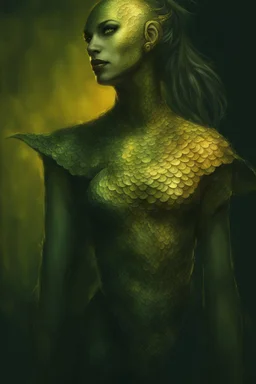 female snake woman, green scales, wearing a stealth armor, dungeons and dragons, fantasy, yellow eyes,