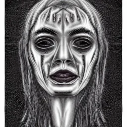 Silver on black paper portrait of female face of migraine, face distorted with pain, reverse colors, screaming, tears streaming from eyes, colorless, glitchcore, dystopian, horror, ultra realist texture, intricate line drawing,