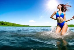 very beautiful model girl swimming in water wearing swim suit ,country side ,nice cloudy sky,country houses