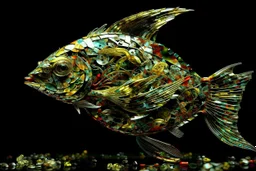 fishy structural glitch, arafed zero-composition, impossible intersection of exploding rusty scrap metal and glass fragments. Arafed tectonic fish geometry with uncanny negative space, Fish storm vibe. Ultrafade random bleak colors: watery pale light green, black, yellow, red. perspective broken, photographic texture but zero logical form. Fragmented, unnerving, anti-symmetry