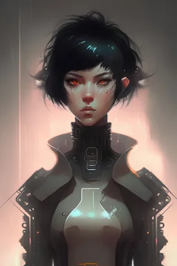 Cyberpunk netrunner, black hair, short hair, cybernetic eyes, standing in mists, Female, dark art, Ivory Peach skin, cute