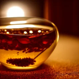 cinematic shot of tea leaves inside a glass bowl, glass, crystal, dewdrops, warm lighting, soft lighting, sunbeam, linen