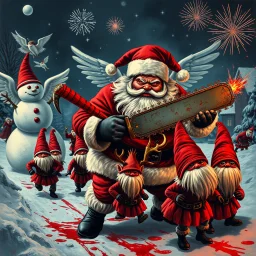 there is no kebabs at christmas, evil Santa, evil gnomes running around, staring flaming eyes, evil Rudolf, very big evil melting angry Frosty the snowman in background, 1940 christmas postcard, blood stains, Flying angels, Santa holding a chainsaw, fireworks