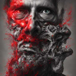 portrait of man with an exploding horror and red bones inside his face, highly detailed black and white with red accents, oil painting.