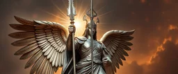 ancient angel soldier holding up a radiant painite and Damascus steel spear