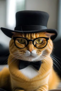 Yellow cat wearing glasses and black hat