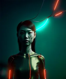 Ultra realistic photographic night portrait, cinematic, <3 Asian woman> <hanging wires> <retro computer screen> many wires coming out of the head <perfect pupil> <cyborg arm> <garage> <wide angle Shot> <sci-fi futuristic> <thriller>, neon lights, color fog, soft color, highly detailed, unreal engine 5, ray tracing, RTX, lumen lighting, ultra detail, volumetric lighting, high definition.