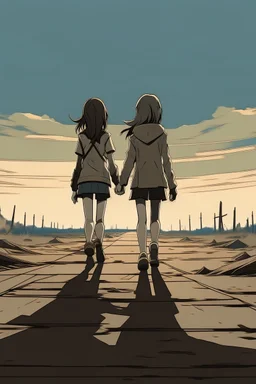 yakın 2 kız arkadaş 2D uzak uzaktan görünüm poz veriyorlar the walking death tarzı kameraya dönük yüzleri değişsin