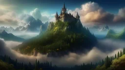 A fantasy castle floating in the clouds, surrounded by a majestic mountain range and a mystical forest. --ar 4:3 --s 5000 --uplight --q 3