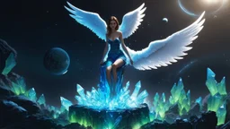 angel with a wings siting on the blue monolith made of blue tiberium crystals of lights, matrix universe, planets on the back grounds, green crystals of tiberium on the life and right