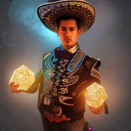 Insanely detailed photograph of an “male mariachi holding glowing D20” with intricate detailed Sombrero, intricate charo, hyperdetailed painting by Ismail Inceoglu Huang Guangjian and Dan Witz CGSociety ZBrush Central fantasy art album cover art,8K, hdr, mysterious, flickeringlights ,Stoic