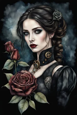 hyper photorealistic watercolor art style of a steampunk gothic style young woman with pale skin, big dark eyes, tiny nose, tiny mouth and messy dark hair , deep, dark colors, holding a black rose. She is gothic dressed, her expression is melancholic, surreal with mysterious elements. smooth blending, extremely detailed, realistic textures, cinematic, dramatic lighting