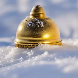 long shot of exquisite tiny gold bell half buried in snow, warm colors, soft lighting, snowdrift, long shot, soft focus, extreme wide shot, aerial shot