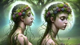 Fantasy digital illustration: a goddess of nature. Her body is covered in lush flora and trees; clusters of flowers adorn her grassy hair similar to a headdress. Her entire body appears to be made of the land itself, with a flowing "dress" made of plants and flora.