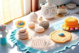 amigurumi desserts, cookies and macarons on lace tablecloth in a modern kitchen in sunshine