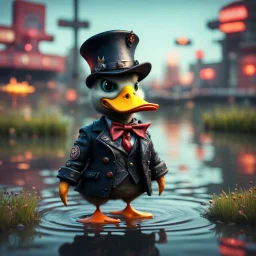 punk duck devil pimp with bitchess in pond, in the style of a fallout 4,bokeh like f/0.8, tilt-shift lens 8k, high detail, smooth render, down-light, unreal engine, prize winning