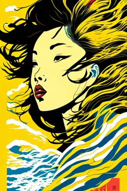 Vietnamese girl, primary colors with white highlights, half tone, close-up portrait, hair blown by the wind, Hokusai wave background, ukiyo-e style by Tomer Hanuka and Atey Ghailan and Roy Lichtenstein and Maxfield Parrish, expressive, in the style of official art, gorecore, koi fish and avian-themed, dark yellow and light black, oshare kei, full body.Vector, Cell shade,