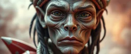 close up portrait with smooth grainy skin fine pores and real skin texture, clear transparent skin, wise eyes, hairy macho disco alien indian Homunculus – living in a hi tech marvellous hot dog art graphics and rune stone on rocket with a mounted sling shot mega harpoon, heading for venus , background motion blur and smoke swirls
