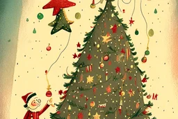 Christmas illustration, whimsical, detailed, warm colors, grainy texture, subject: decorating the christmas tree