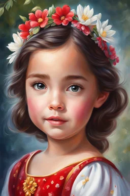 a painting of a little girl with a flower in her hair, realistic cute girl painting, adorable digital painting, princess portrait, painting of beautiful, portrait of snow white, beautiful character painting, portrait painting of a princess, photorealistic disney, disney art, cartoon painting, girl wears a red dress, disney artist, beautiful princess, fairytale artwork, cute young girl, disney character