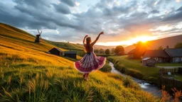 a lady dancing to camera in village over high grassy hills,a small fall and river and wild flowers at river sides, trees houses ,next to Ripe wheat ready for harvest farm,windmill ,an open air village fair of hand made goods,a few village local shops ,cloudy sun set sky