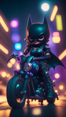 A flirty face Kawaii tiny hyper realistic batman riding mini harley davidson sportster, wearing bikers batman clothes with shooting action, night of cyberpunk city background. wide angle full body, 8k, Cinematography, photorealistic,epic composition Unreal Engine,Cinematic, Color Grading, Portrait Photography,Ultra-Wide Angle, Depth of Field, hyper detailed