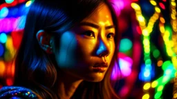 ((best quality)), ((masterpiece)), ((detailed)), (Intricate), ((Unparalleled)), ((Captivating)), Woman, Asian, Southeast Asian, Oriental, Photograph, Picture, Capture, Neon light, Vibrant glow, Electrifying light, Fluorescent lighting, Bokeh effect, Subject separation