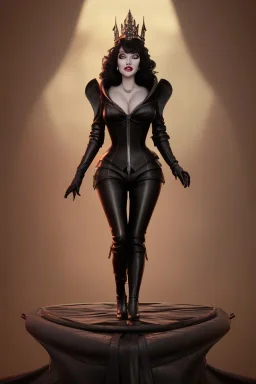 Joan Collins as evil queen in black leather, leather, busty, cleavage, angry, stern look. character design by cory loftis, fenghua zhong, ryohei hase, ismail inceoglu and ruan jia. unreal engine 5, artistic lighting, highly detailed, photorealistic, fantasy