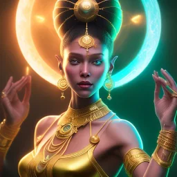 5th element, dhalsim as gypsy woman ,yoga artist , levitated lab equipment, 4k, Highly Detailed, Masterpiece, perfect eyes, Digital Illustration, Cinematic Lighting, Realistic, Sharp Focus, Centered, Beautifully Lit, Bioluminescent by Stanley Artgerm Lau