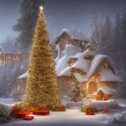 foto realistic winter house with a illuminated christmas tree and santa bringing presents in the night