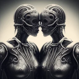 two viking girls kissing each other, hr giger, scary, steam punk, realistic, made in octane, cinematic, ultra-realistic, extremely detailed octane rendering, 8K, VRAY Super Real ar 2:3, dof photorealistic futuristic 50mm lens hard lighting dark gray tintype photograph, realistic lighting, sepia color