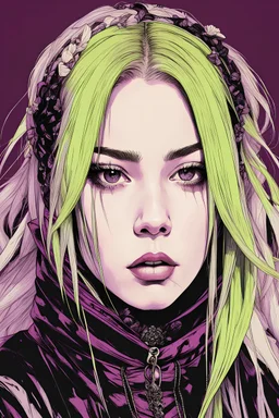 Billie Eilish as a goth punk vampire huge girl, illustration by Yoji Shinkawa and Katsushika Hokusai, finely detailed facial features, finely drawn and inked, 4k, symmetric, hyperdetailed , dark plum and lime tones