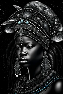 Beautiful woman portrait dSilver and black bioluminescence gradient african elephant textured detailed fur portrait,, front wiev adorned with bioluminescence sparkling grass colour african style black and white and sparkling silver dust pearls, beads and black diamond headdress, and masque black florwers, organic bio spinal ribbed detail of detailed creative african style ornate white colour florwers detailed full rd rendered flowers background, extremely detailed hyperrealistic maximálist conc