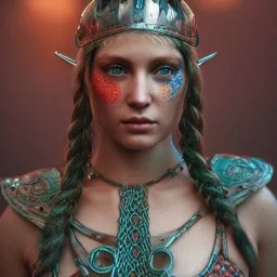 highly detailed beautiful girl viking queen portrait, red glass armor, blue delicate braided hair, green facial paint, cinematic lighting, 4k, 8k, octane render, digital concept art, trending on artstation, pinterest, extremely detailed, ambient lighting.