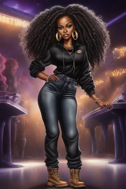 Create a digital airbrush cartoon of an African American female wearing a black jean outfit with timberland boots. Prominent make up with hazel eyes. She is wearing large diamond hoop earrings. Extremely highly detailed very long curly hair that shines. Background of a night club.