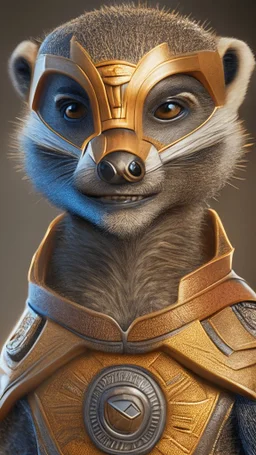 Super hero Meerkat Man, male head, male mouth and nose, meerkat mask, hyper realistic, intricately detailed armor, novelty, full body, cinematic, 4k