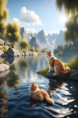 [River and lake] World of cats and dogs, 8K resolution, ultra graphics, high quality, perspectival, and detailed with lines.