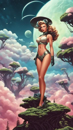 slim Sci-fi pin-up girl on an alien planet of cloud trees