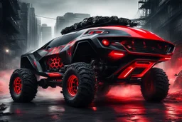 a super futuristic car, for all terrain, pickup fashion, black and red colors, big wheels, stay on street full of zombies
