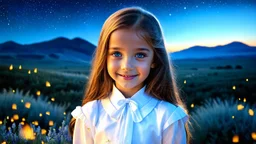 little very young Mormon girl, beautiful, peaceful, gentle, confident, calm, wise, happy, facing camera, head and shoulders, traditional Mormon costume, perfect eyes, exquisite composition, night scene, fireflies, stars, Utah landscape, beautiful intricate insanely detailed octane render, 8k artistic photography, photorealistic concept art, soft natural volumetric cinematic perfect light, chiaroscuro, award-winning photograph, masterpiece, Raphael, Bouguereau, Alma-Tadema