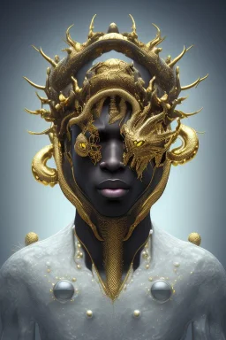 black male African alien, cracks in the voodoo head, wicked, Asian eyes, crown, blood, 8k, finely detailed, photo realistic, Boris Vallejo style turquoise skull head gold dragon space alien rain skeleton gold tooth silver helmet silver space suit spaceships